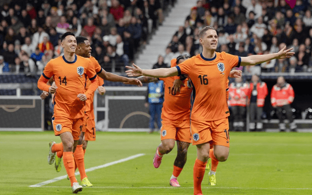 荷兰队球员共同庆祝进球